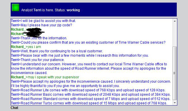 Road Runner Rep Acts All Weird About Request For Upload/Download Speeds