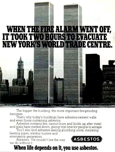 Retro Asbestos/Twin Towers Ad. The Black Irony Coughs Itself Up.