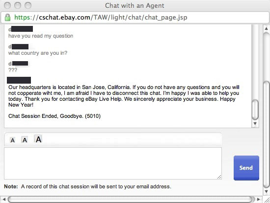 eBay Chat Agents Live In The Mythical Nation Of "Chat Session Ended"