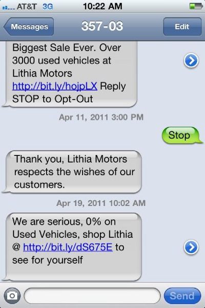 Lithia Motors Doesn't Believe You Actually Want To Opt Out Of Their Text Message Spam