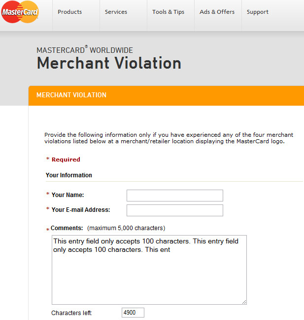 Mastercard's Merchant Violation Form Only Accepts 100 Characters