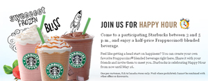 50% Off Starbucks Frappuccinos 3pm-5pm Until May 16