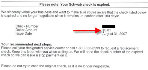 Charles Schwab Sends You A Letter To Let You Know That Your $0.01 Check Expired