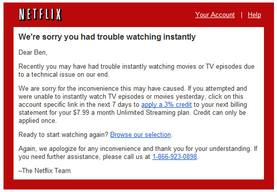 Netflix Emails 3% Discount To Apologize For Streaming Outage