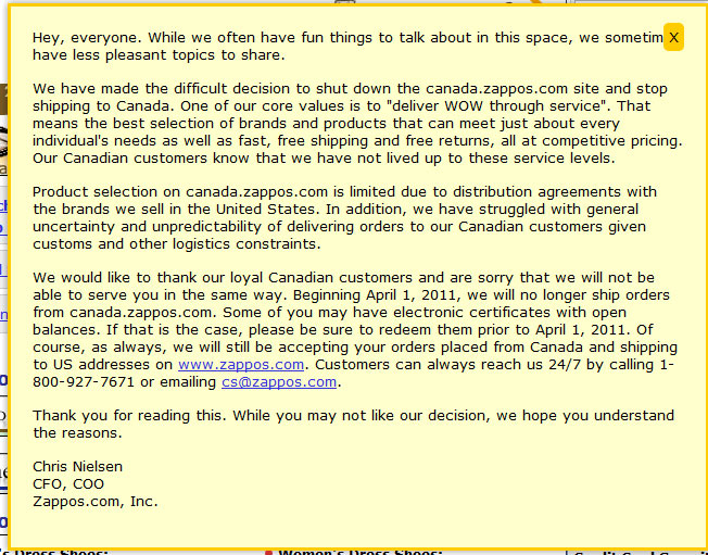 Zappos Stops Shipping To Canada