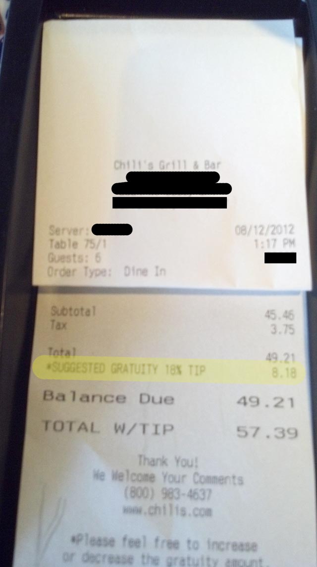 Chili's Helpfully Suggests 18% Tip On My Tab