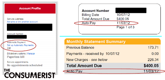 On the left, Comcast's website says Auto Pay is off. On the right, the Comcast bill indicates Auto Pay is on.