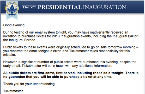 The e-mail sent by Ticketmaster and the Inauguration Committee.