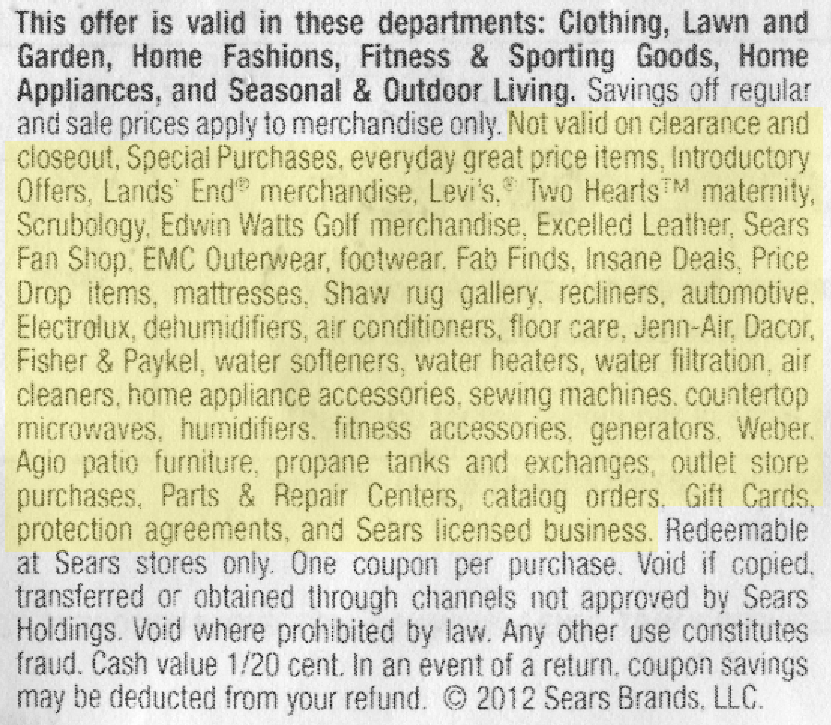 The numerous restrictions on this coupon are highlighted in yellow.