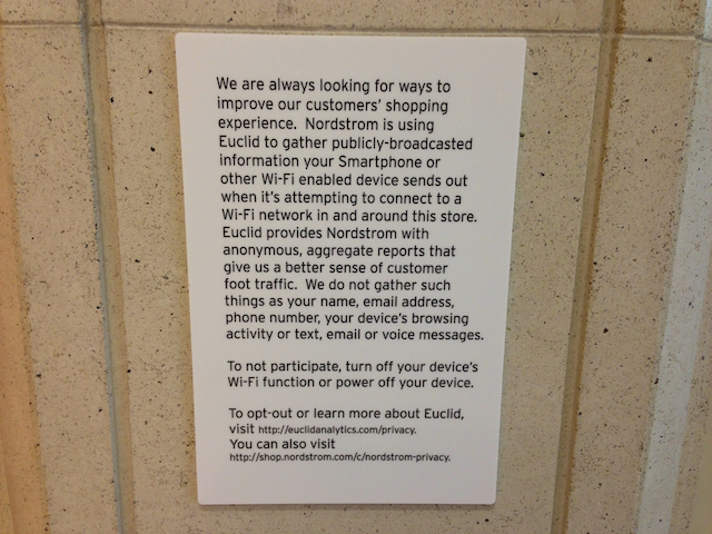 A sign posted about the wifi tracking system at a Nordstrom in Dallas. (via CBS 11)
