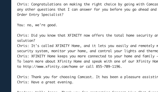 Jason's chat with Comcast was full of unwanted upsell text.