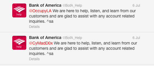 Just two of the auto-Tweeted responses to people who weren't trying to get help with BofA accounts. See the full Twitter discussion below.