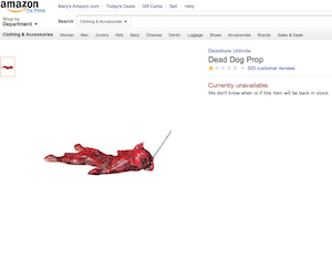 A very tiny screen shot of Amazon's listing for the Dead Dog Prop, which has since been pulled.