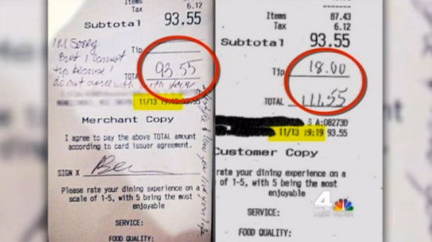 The receipt on the left is the version the waitress posted to Facebook, which shows no tip and a note saying the customers disapprove of the waitress' "lifestyle." On the right is a copy of the receipt provided by the customers to NBC News, which they claim shows they left a $18 tip.