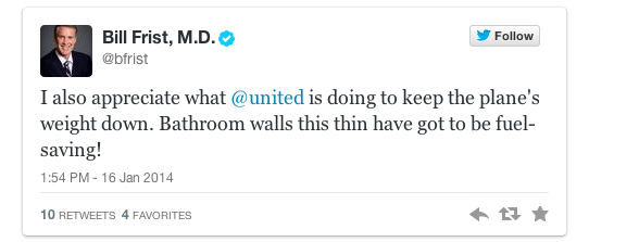 One of the many not-terribly-happy Tweets from former U.S. Senator Bill Frist to United Airlines.