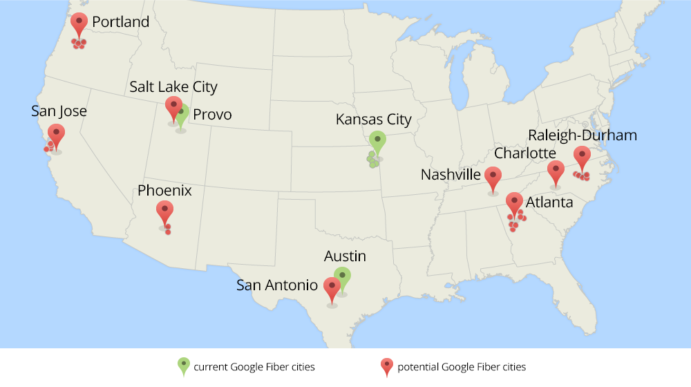 The markets in green either currently offer Google Fiber or are in the process of building the network. The markets in red are the possible expansion cities for Google Fiber.