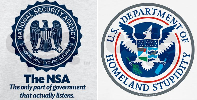 The two logos that resulted in cease-and-desist letters from the NSA and DHS (libertymaniacs.com)