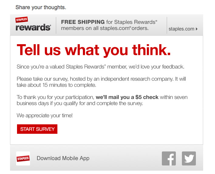 Staples Offers $5 Check To Take Stupid Survey, Won’t Give Me $5