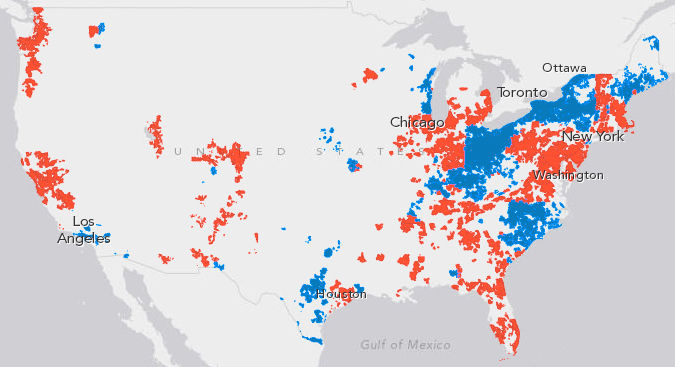 Interacative map via Mashable. Red is Comcast; blue is Time Warner Cable.