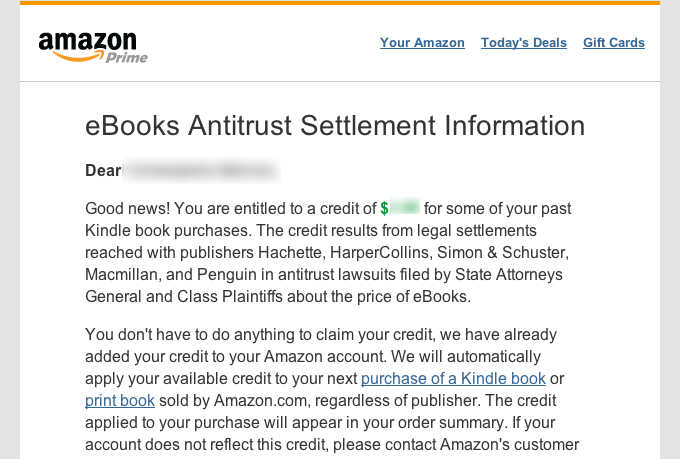 Amazon Begins Issuing Credits From E-Book Price-Fixing Lawsuit