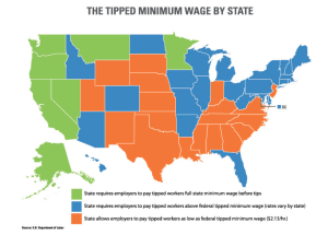 This map shows how different states treat tipped employees. States in blue and green pay tipped employees higher than the federal minimum level of $2.13. Click for full-size image.