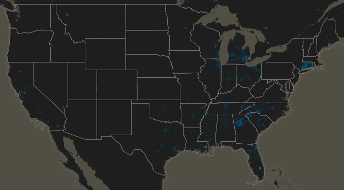 The parts of the country where AT&T provides broadband access, via the National Broadband Map.