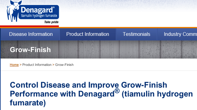 The website for Novartis antibiotic feed-additive Denagard has an entire page dedicated to the drug's growth-promotion effects.