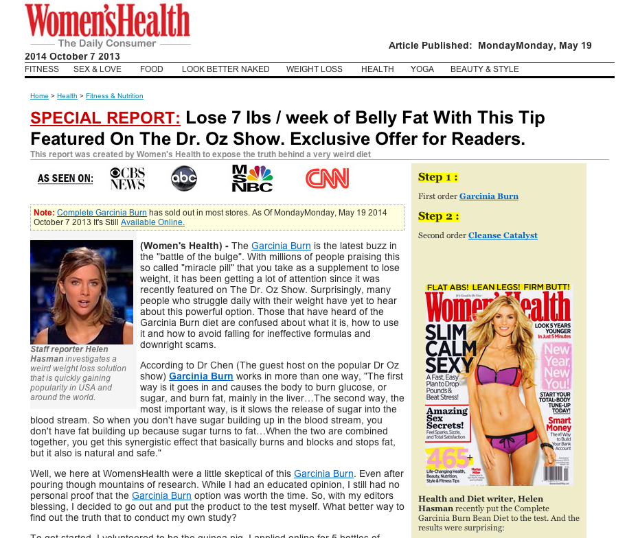 Yes, that's the Women's Health logo and byline on this site, but this is no Women's Health story, and there is no "staff reporter Helen Hasman working there."
