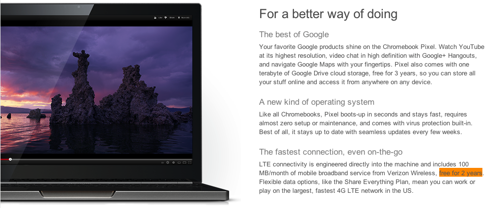 This is a screengrab of how the Chromebook Pixel was sold on the Google Play store in 2013. As you can see, it clearly states the price includes 2 free years of 100/MB of LTE data from Verizon. 