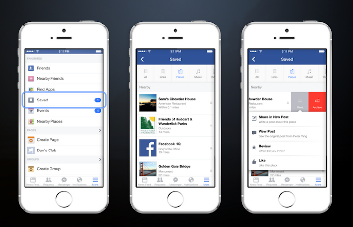 Here's what the new Save feature looks like on Facebook's mobile app. (Facebook) 