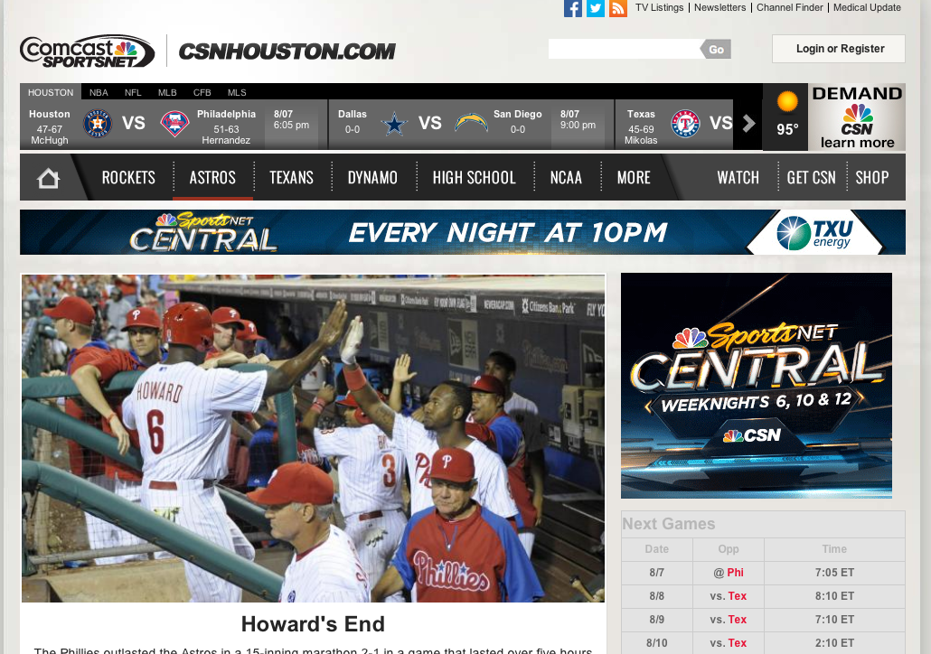 The purpose of this screengrab isn't just to show what the CSN Houston website used to look like, but to remind myself that the Phillies occasionally won a game. 
