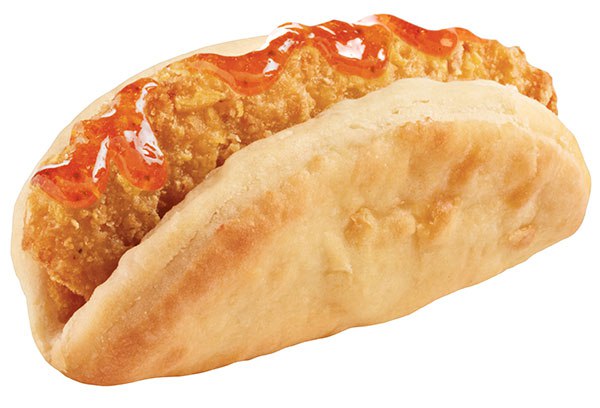 No, that's not a hash brown covered in epoxy resin and shoved into a pita. It's supposed to be a piece of chicken with "jalapeno honey" sauce on a taco-shaped biscuit.