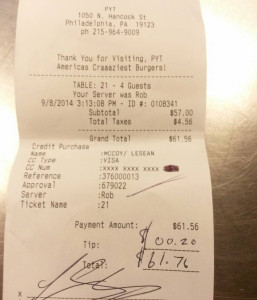 The receipt for McCoy's meal was posted to the PYT Facebook page by the restaurant's owner. 