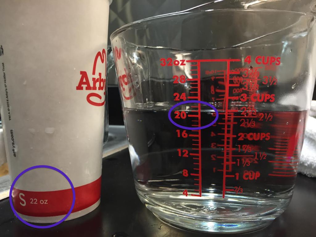Consumerist reader Michael noticed that his "22 oz." Arby's cup only holds 21 ounces of liquid. A quick look at the underside of the cup (see below) confirms that this cup can't possibly hold the amount of liquid advertised.