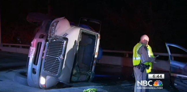 NBC Bay Area news reports that the morning rush-hour got off to a messy start when a tanker carrying portable toilet cleaner was involved with a collision, spilling the liquid on the roadway. 