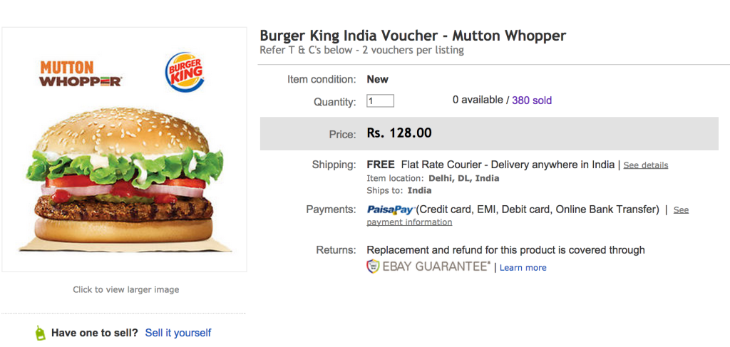 The eBay India listing for the Mutton Whopper. BK India sold 380 vouchers in advance of this coming Sunday's opening in New Delhi. 