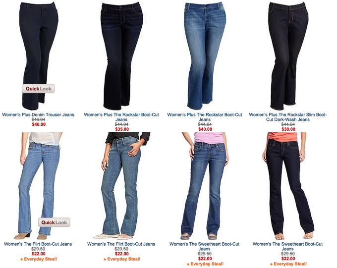 Old Navy will continue to charge more for certain plus-size items -- like the jeans seen in the top row here -- but will change its return policy and create a focus group of fuller-figure customers. 