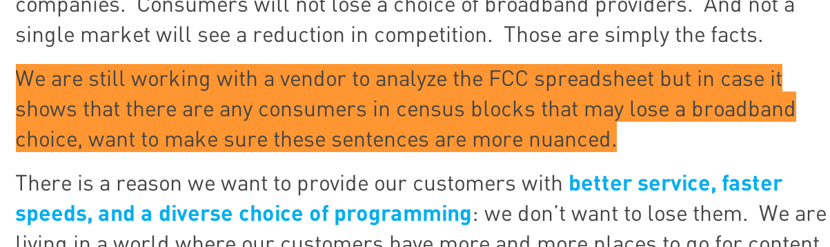 The section highlighted in orange originally appeared in Comcast's blog post from earlier today, but has since been removed.