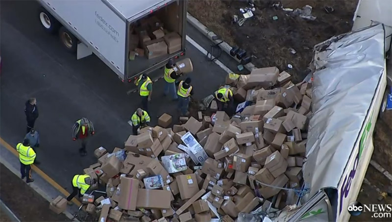 FedEx Truck Rollover Spills Packages On New Jersey Highway