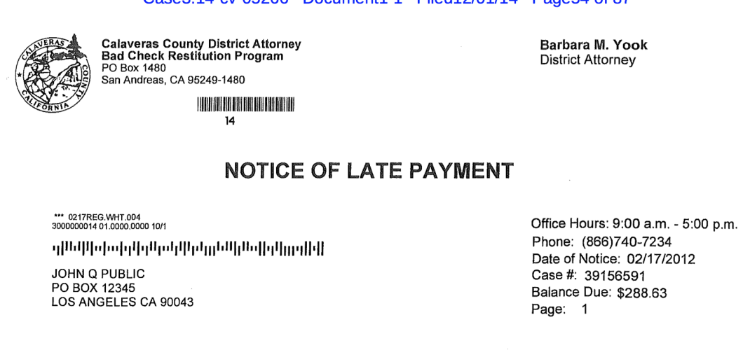 This "late payment" notice appears to come from the office of the Calaveras County district attorney, but in fact was sent by a debt collection firm that manages the county's "Bad Check Restitution Program."
