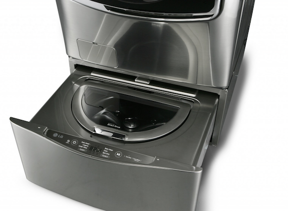 The LG mini-washer takes advantage of the dead space often associated with washing machine pedestals. 