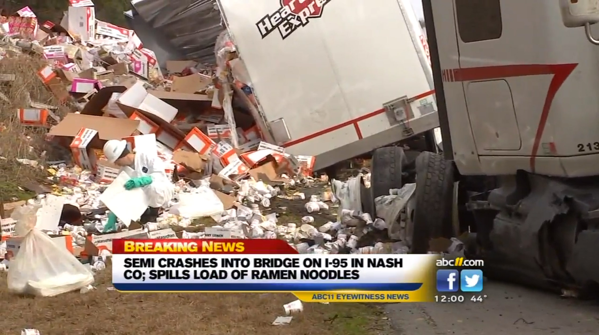 Tractor-Trailer Crash Leads To Ramen Noodles Spilled Across The Highway