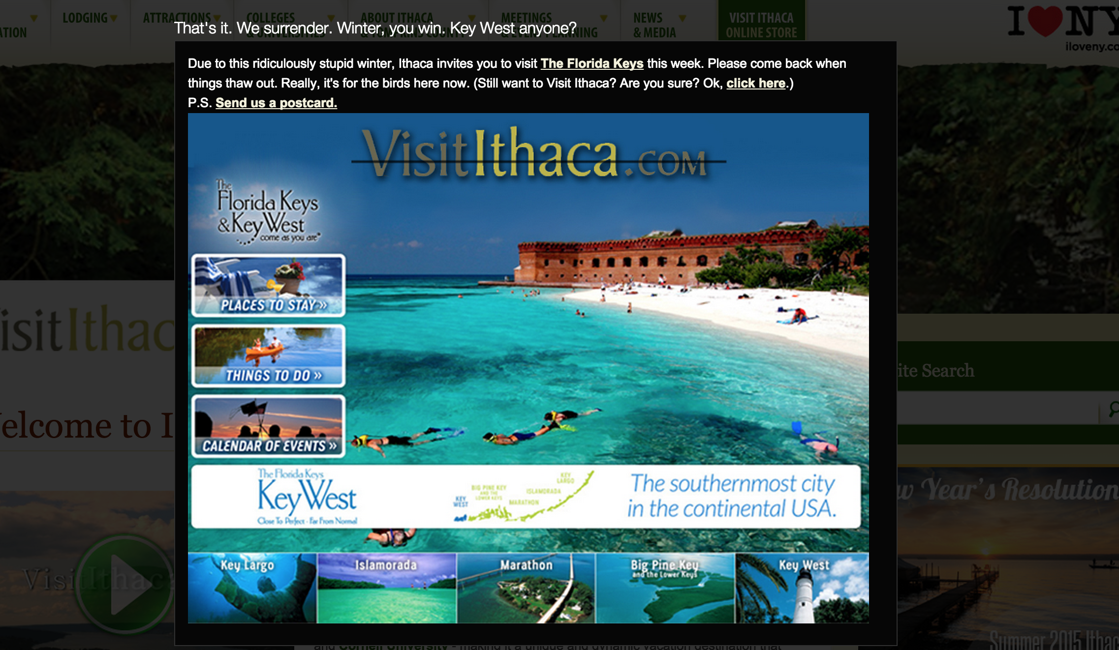 Visitors Bureau For Ice-Cold Ithaca Tells People To Just Go Get Warm In Key West