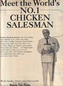 After closing his own restaurant in 1955, the Colonel hit the road selling his recipe and pressure cookers to small restaurant owners.  (Vintage Ad Browser) 