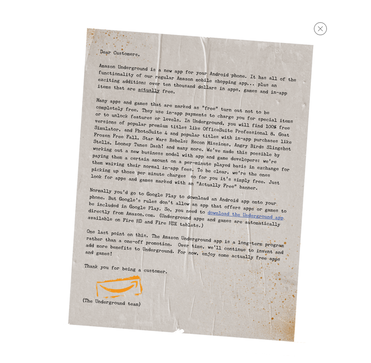 Amazon's letter announcing Underground. [Click to enlarge]