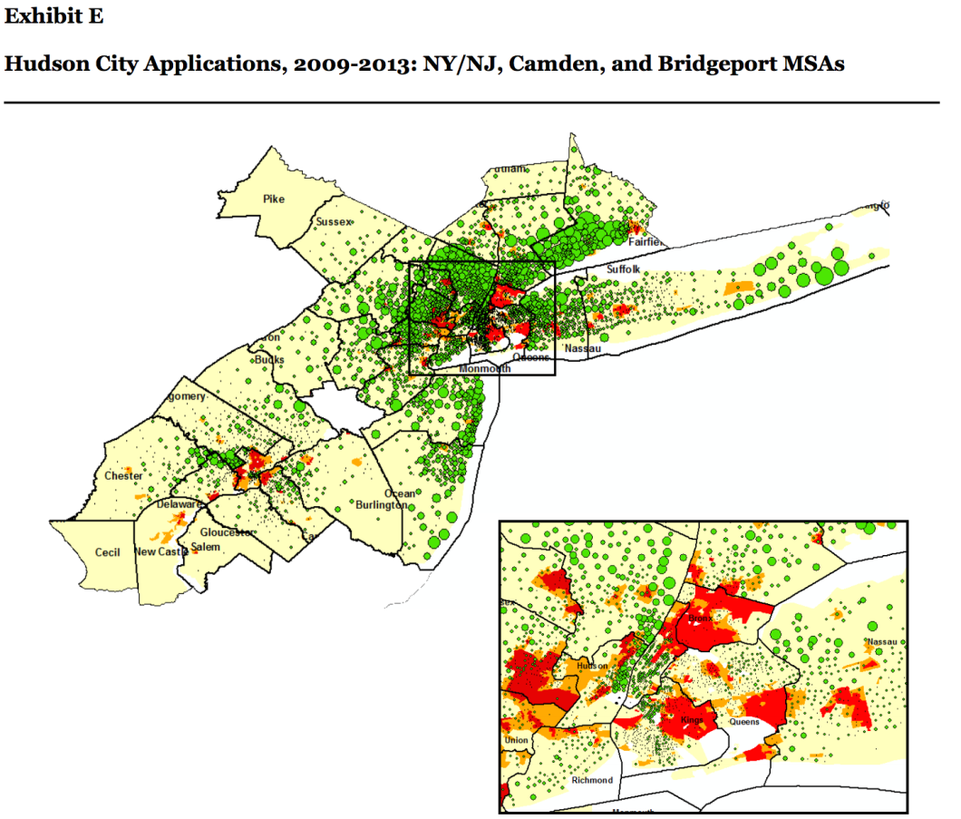 This map shows that, in spite of Hudson's popularity in the region, the bank was doing very little loan business in predominantly black and Hispanic neighborhoods (those areas marked in red and orange on the map). 