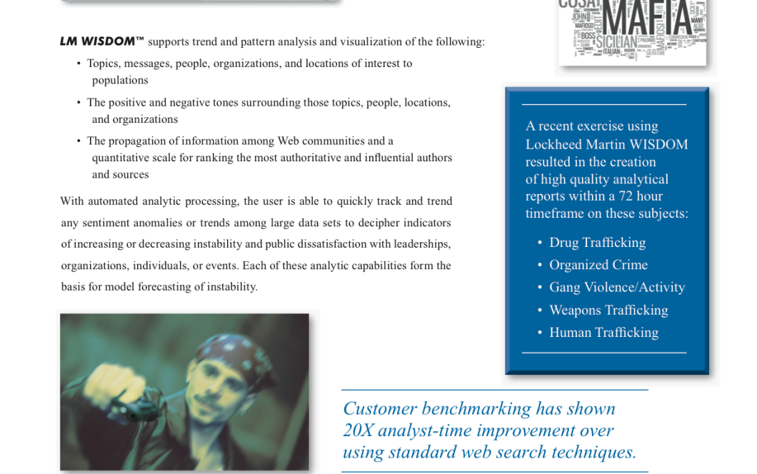 A section of the Lockheed Martin brochure for its "LM Wisdom" product that Walmart used to track dissident employees and pro-union activists in 2012. 