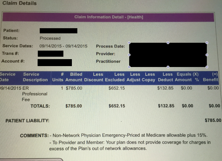 Lillian provided Consumerist with a screenshot of her recent surprise medical bill. She has yet to negotiate the cost with the out-of-network doctor. 