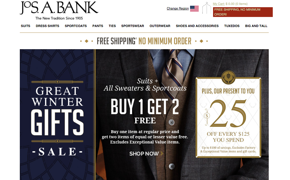 No more three-for-one deals, but BOGO is alive and well on Jos. A. Bank's homepage.