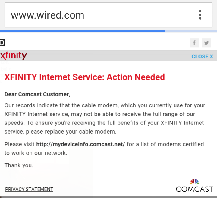 Comcast says that the only way for Consumerist reader BB to stop seeing these pop-up alerts is to upgrade his modem.
